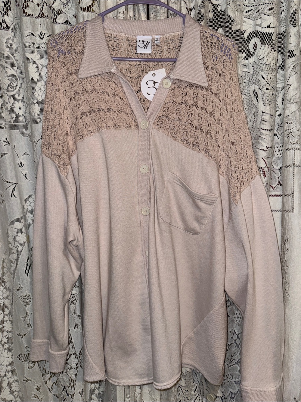 Lace-Yoke Pale Pink Button-Up Cardigan